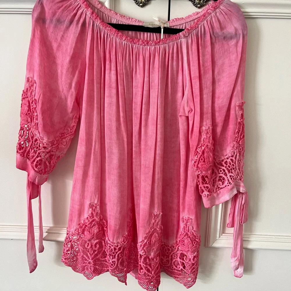 Pink Lace Trim Off-Shoulder Top - Picture 1 of 6